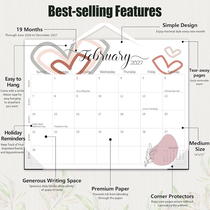 Guasslee 14" X 11" Desk Calendar 2026-2027, Desk Top Calendar 2026, 19-Month School Year Desk/Wall Calendar, 2026 Jun-2027 Dec, Monthly Planner With Corner Protcetor For Office Home School Organizing