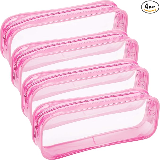 Tatuo 4 Pieces Clear PVC Bags Big Capacity Zipper Pencil Pouch Case Travel Luggage Makeup Cosmetic Bag(Pink)