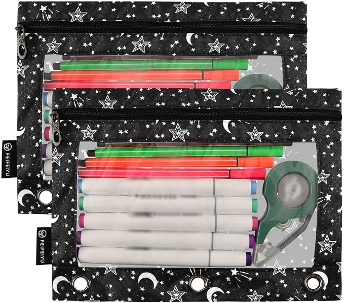 Star Pencil Pouches for 3 Ring Binder 2 Pack | Binder Pencil Case With Zipper Reinforced GrommetsPencil Bags for Office Organizers