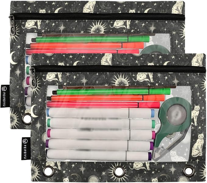 Binder Pencil Pouches, Celestial Cat Pencil Case with Clear Window 3 Rings Pen Case Holder Office Supplies