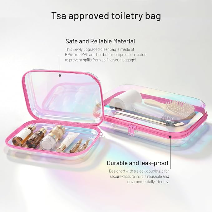 Clear Hard Shell Zipper Case,Makeup Bag,Iridescent Toiletry Bag,2pcs Large Capacity Water-resistant Toiletries Bag,Portable Travel Organizer and Storage,Bathroom Clear Cosmetic Case for Women