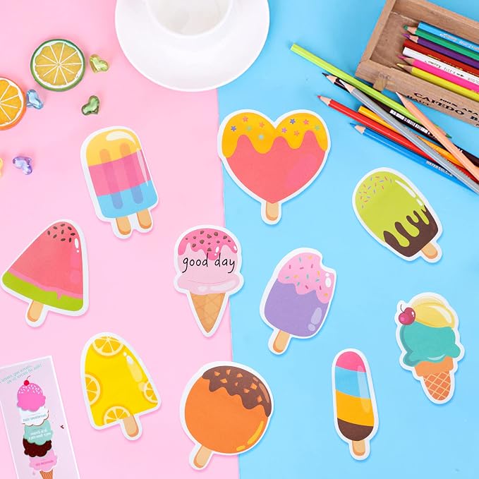 Xqumoi 30 Pack Ice Cream Sticky Notes Summer Office School Class Supplies | Fruit Popsicle Self-Sticky Memo Pads, Page Marker Notepads, for Student Kids, Birthday Party Favors, Goodies Bag Fillers