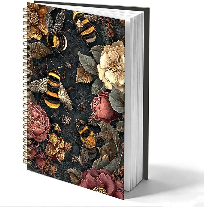 Moody Vintage Floral Bumblebee Journal Notebook 5.5x8.3, William Morris Inspired Bee Journal, Bee Gifts for Women, Dark Cottagecore Botanical Notebooks for Work