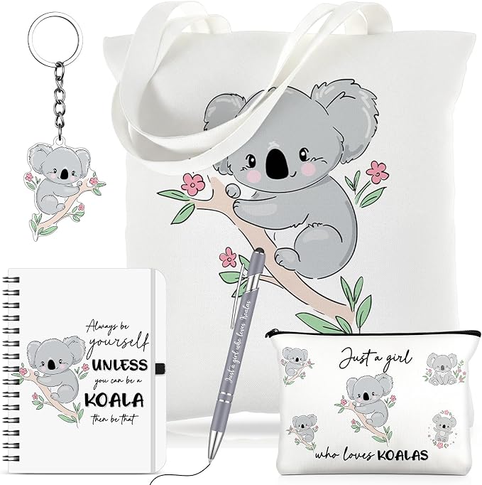 Kinlop 5 Pcs Koala Lover Gifts for Women Include Just a Girl Who Loves Koalas Tote Bag Canvas Cosmetic Bag Coil Notebook Keychain and Ballpoint Pen for Women Girls