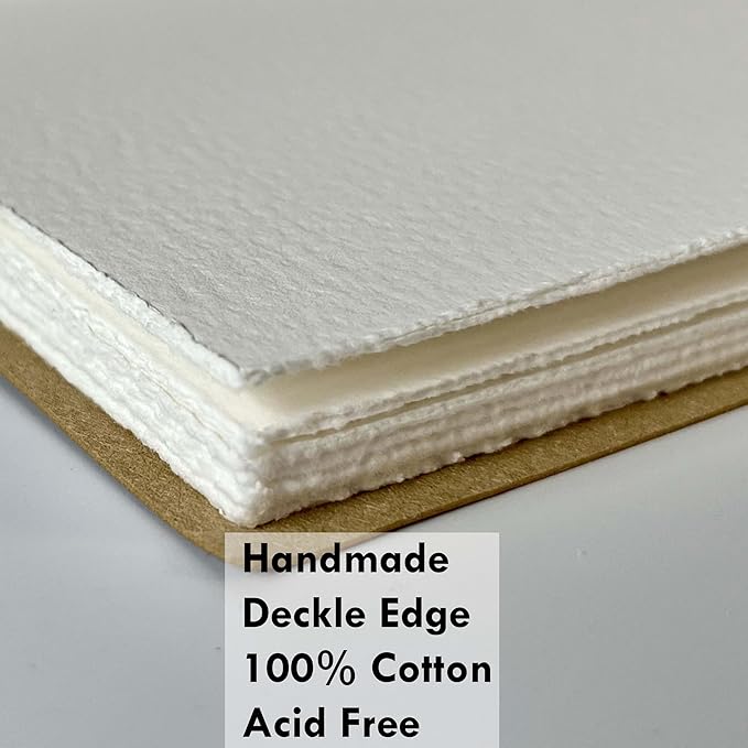 tumuarta Deckle Edge Watercolor Paper Sketchbook, 100% Cotton Vintage Leather Journal, 140 Lb, 300 GSM, 24 Sheets Handmade Diary for Mixed Media Techniques. (Black, 7.5"x5")