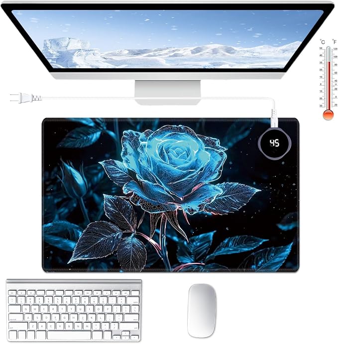 Heated Desk Pad Large Mouse Pad 23.6 x 14.1 inch with 3 Levels Heating & Auto Shut-Off Warm Mouse pad PU Leather Computer Mousepad for Home Office Work - Blue Rose Flower