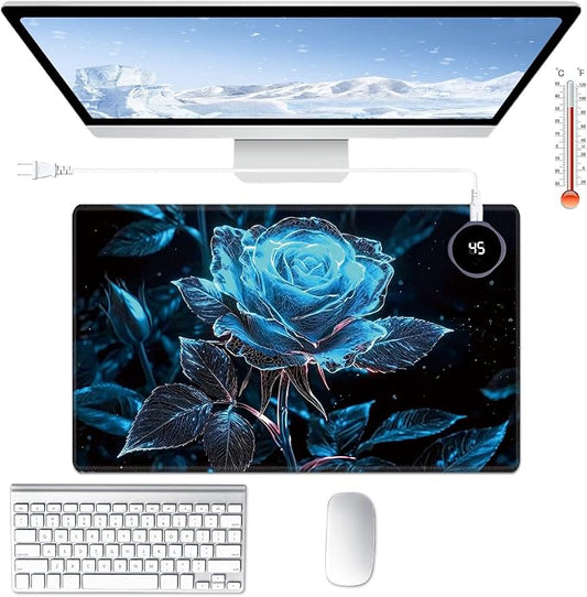 Heated Desk Pad Large Mouse Pad 23.6 x 14.1 inch with 3 Levels Heating & Auto Shut-Off Warm Mouse pad PU Leather Computer Mousepad for Home Office Work - Blue Rose Flower