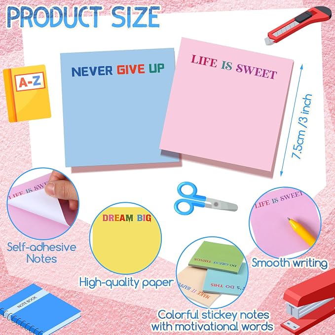 Yinder 24 Pcs Inspirational Sticky Notes, Back to School Supplies, Cute Motivational Sticky Notes Pad Employee Appreciation Gifts Bulk for Teacher Coworker Office 3 x 3'' (Motivational,Gentle Color)