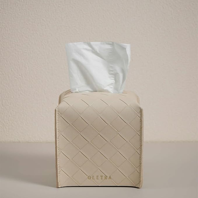 OLETHA Square Tissue Box Cover - Aesthetic Desk Decor for Room, Home & Office - Tissues Cube Boxes Holder - Woven Textured, Light Taupe