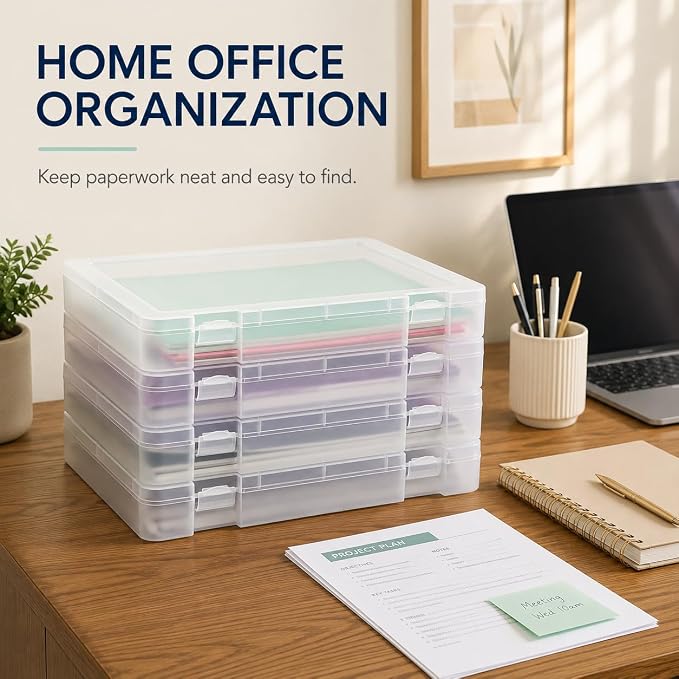 CraftGenes 4 Pack Scrapbook Paper Storage Boxes for Letter and A4 Paper | 1.8 in deep stackable cases fit 8.5 x 11 and A4 paper, with secure snap latches, translucent bodies and labels included