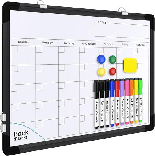 Monthly Calendar Whiteboard for Wall, 16x12 Inches Dry Erase Board, Small Magnetic White Board, Double-Sided Hanging Board for Office School Home Kitchen, Portable Board for Drawing Planning, Black