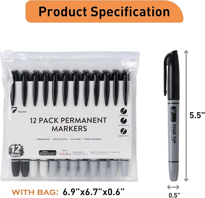 TOWON 12 Black Permanent Markers with Portable Bag - Waterproof Quick Drying Pens Set 8 Fine Tip, 2 Ultra Fine, 2 Chisel Tip Office Home School Supplies for Adults Writing Doodling Marking