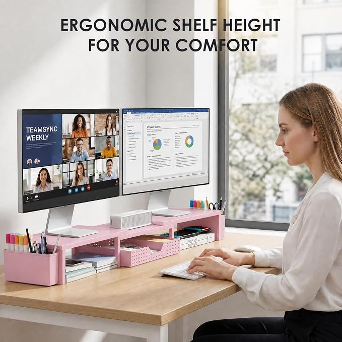 OPNICE Desk Organizers and Accessories, Dual Monitor Stand Riser with Drawer and 2 Pen Holders, Desk Shelf Metal Computer Racks for Office Workspace Organizers, Desktop Organization (Pink Metal)
