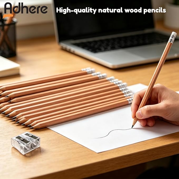 Adhere 25pcs Woodcase Pencils with Eraser Premium Pre-Sharpened Hexagon Graphite 2B pencils ideal for home, office writing including a Free Sharpener (Nature wood・25pcs)