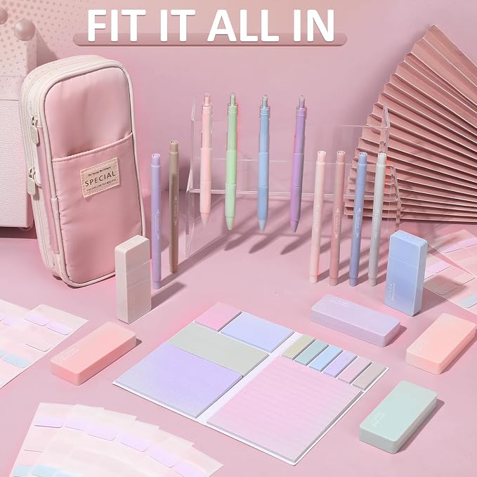 38 Pcs Aesthetic Office Supplies with Pen Case Sticky Notes Gel Pens Highlighters Correction Tapes Stationery Kit for Office Work Coworkers(Macaron Color,Elegant)
