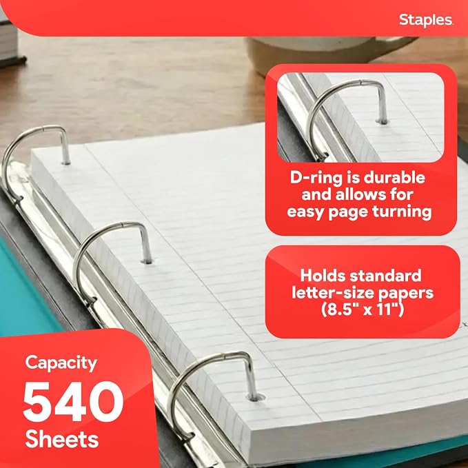 Staples Better Binder 2-Inch D-Ring View Binder, Reinforced Spine, Holds Up to 540 Sheets, Teal, for Office & School