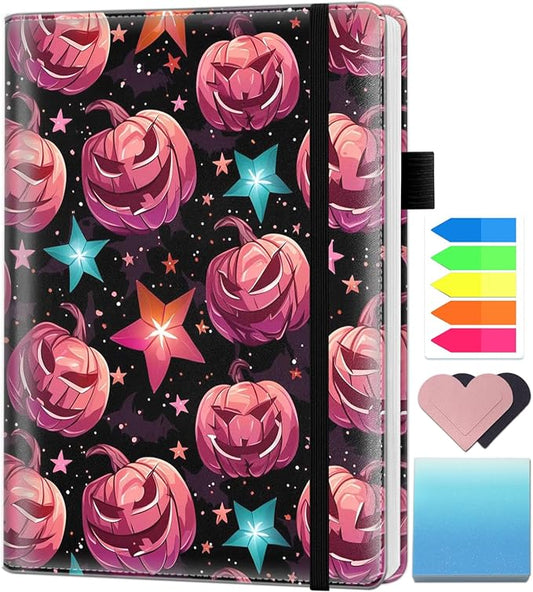 A5 Leather Lined Journal Notebook, 200 Pages Hardcover Executive Notebook for Men Women Office School Note Taking, Thick Writing Paper Daily Journal with Bookmarks/Indexes, Halloween Pink Pumpkin