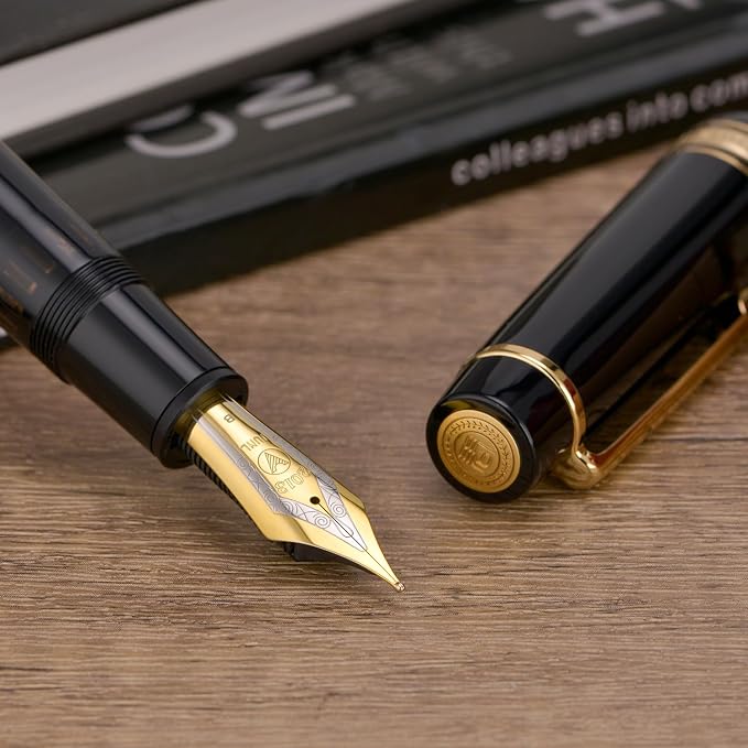 Wikult Yongsheng Junlai 930 Acrylic Fountain Pen, Size 9 Broad Nib with Piston Filling System, Piano Black Fence Ink Tank with Flat Top Design Smooth Writing Pen (Gold Trim)