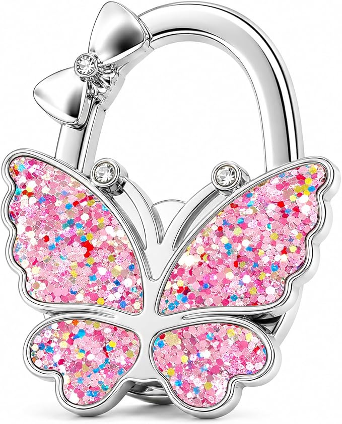 Purse Hook for Table, Foldable Handbag Hanger for Women, Portable Bag Holder with Non-Slip Base, Cute Sequin Colorful Butterfly Purse Table Hook for Restaurant Office Travel Gift
