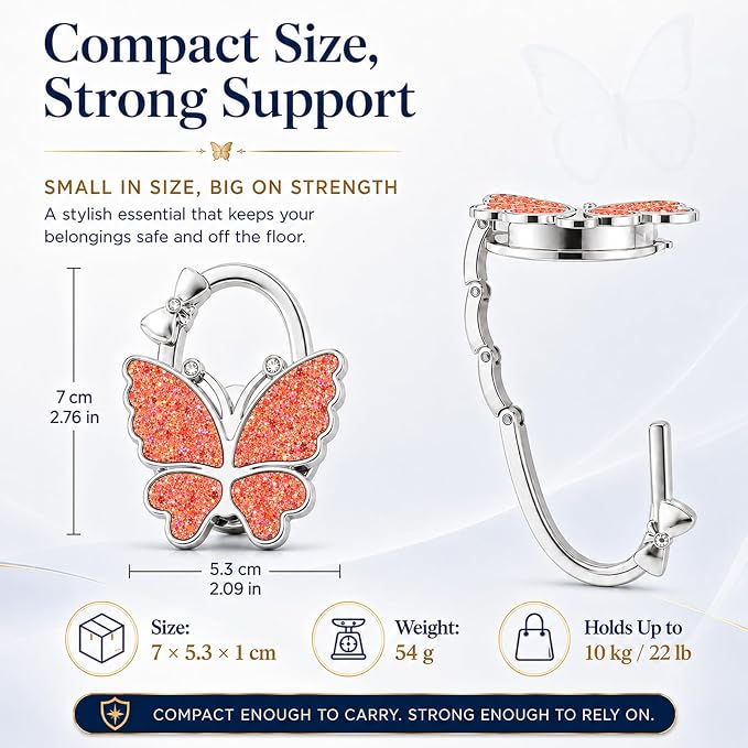 Purse Hook for Table, Foldable Handbag Hanger for Women, Portable Bag Holder with Non-Slip Base, Cute Red Glitter Butterfly Purse Table Hook for Restaurant Office Travel Gift