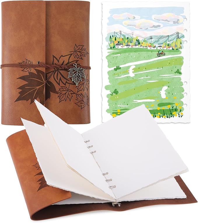 Watercolor Journal, 24 Sheets, 5.5 x 8.1 in, Khaki Leather Cover | Cold Press Deckle Edge Paper, Ring Binder, Mixed Media Sketchbook, Portable for Travel and Class