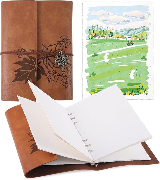 Watercolor Journal, 24 Sheets, 5.5 x 8.1 in, Khaki Leather Cover | Cold Press Deckle Edge Paper, Ring Binder, Mixed Media Sketchbook, Portable for Travel and Class