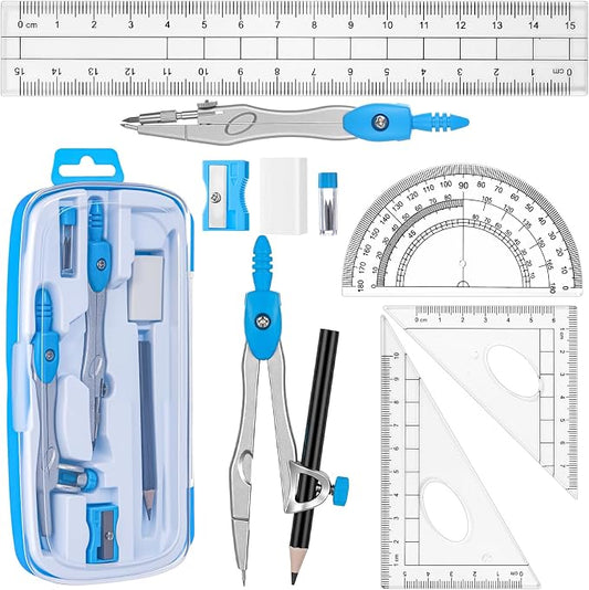 Zonon Math Geometry Set for Students 10 Pcs Compass Geometry Tools Kit Includes Protractor Compass Lead Refills Rulers Pencil Sharpener Eraser Pencil Storage Box for Drafting and Drawings(Blue)