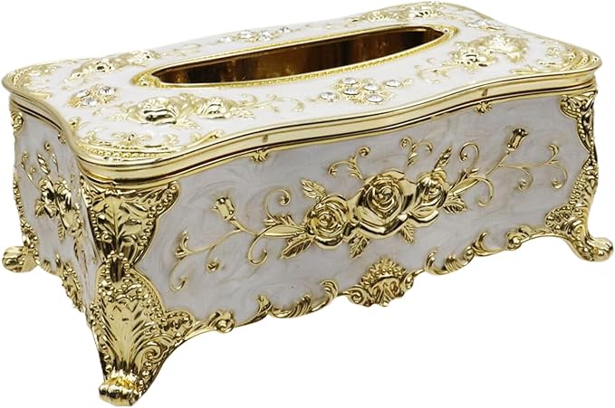 Luxurious Rose Tissue Box with Imitation Diamonds,Gold-White | 9.45"x5.43"x3.94"，Embossed Flowers, Elegant Tissue Paper Holders，for Home Toilet Bath Hotel