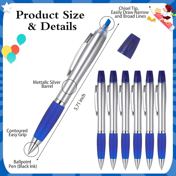 Colarr 30 Pcs Highlighter with Ballpoint Pen Combo Chisel Tips Pen Highlighter Combo for Student Office Writing Coloring Underlining Highlighting(Blue)