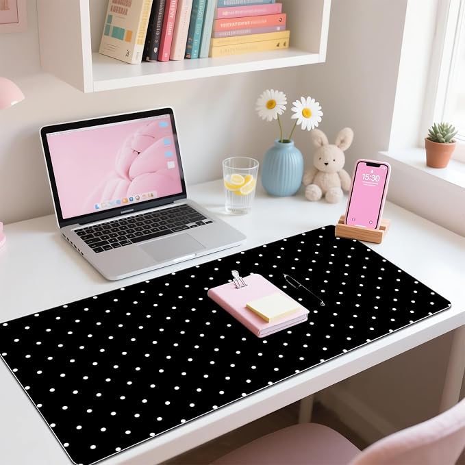 White Polka Dot Leather Desk Mat Extended Gaming Mouse Pad | Non-slip Large Writing Pad Laptop Blotter Computer Keyboard Mat | Cute Black Desk Protector for Home Office 23.6" x 11.8"