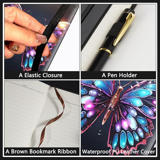 A5 Leather Lined Journal Notebook, 200 Pages Hardcover Executive Notebook for Men Women Office School Note Taking, Thick Writing Paper Daily Journal with Bookmarks/Indexes, Colorful Butterfly