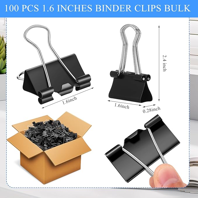 Jetec 100 Pcs Black Binder Clips 1.6 Inch Large Paper Clamps Metal Paper Clips for Teachers Students Classroom Business Office and School Office Supplies
