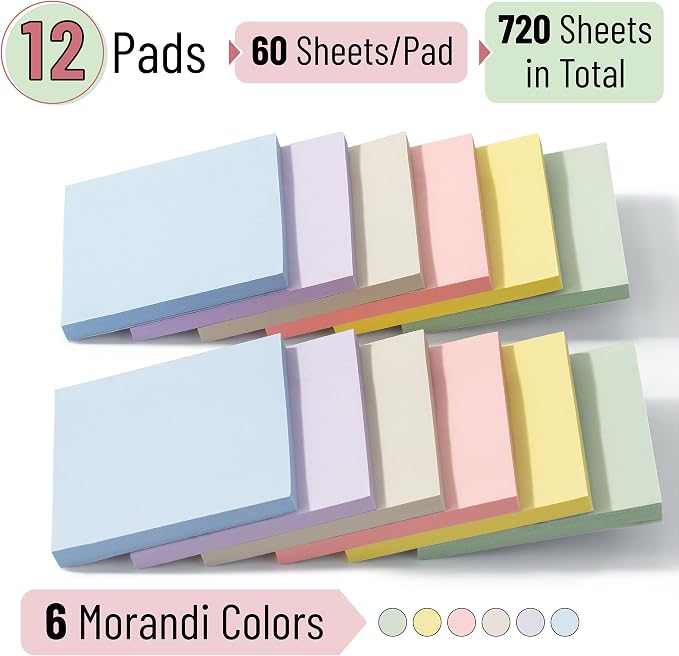 Mr. Pen- Sticky Notes, 3"x3", 12 Pads, 720 Sheets, Morandi Colors | Sticky Notes Bulk, Self-Stick Note Pads, Perfect for Office, School, Home, Study & Organization
