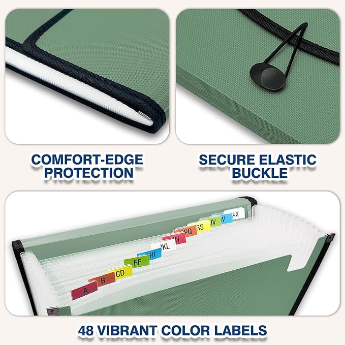 H4D 13-Pocket Accordion File Organizer, Expanding File Folder, Sage | Extra Back Mesh Pocket, Letter Size Paper, Pre-Printed and Customizable Labels, Expandable Document Organizer
