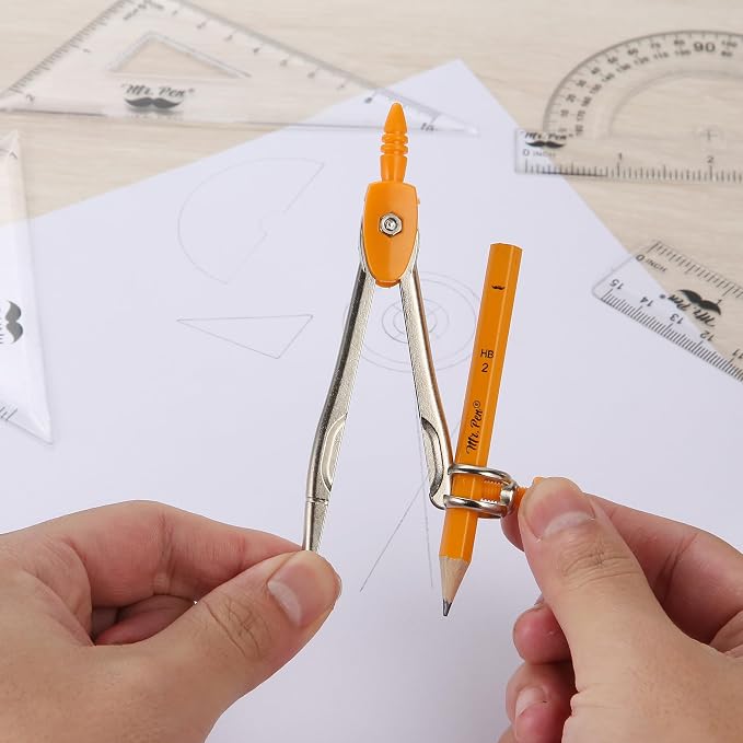 Mr. Pen- Geometry Set, 13 pcs, 3 Metal Compasses, Protractor, 6" Ruler | 45° & 30°/60° Set Squares, Pencils, Lead Refills, Sharpener & Eraser for Math, Drafting & Classroom Use | 45° & 30°/60° Set Squares, Pencils, Lead Refills, Sharpener & Eraser for ...