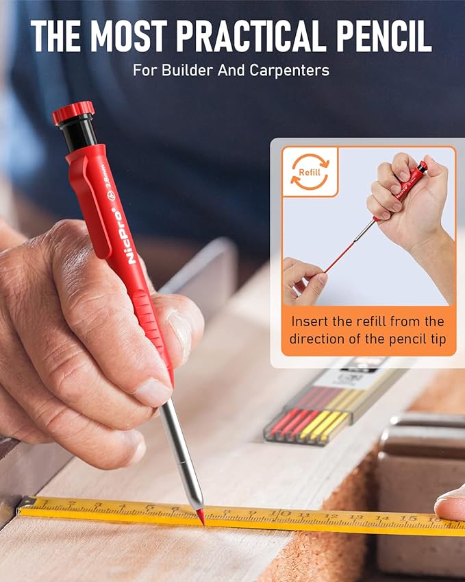 Nicpro 5 Pack Carpenter Pencil with Sharpener, Mechanical Carpenter Pencils with 41 Refills, Construction Pencil Heavy Duty Woodworking Pencils for Architect (Red, Black, Orange, Blue, Black)