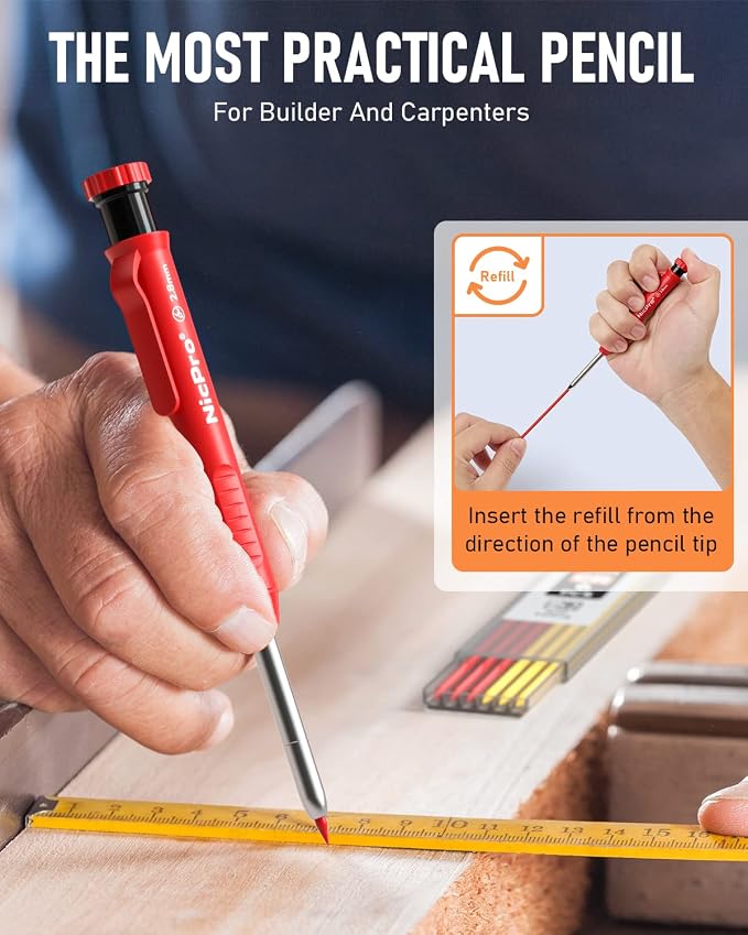 Nicpro Carpenter Pencil with Sharpener, Mechanical Pencils Set with 26 Refills, Deep Hole Marker for Construction, Heavy Duty Woodworking Tools for Architect (Black, Red) - With Case
