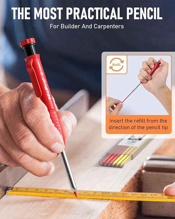 Nicpro 12 Pack Carpenter Pencil with Sharpener, Mechanical Pencils Set with 52 Refills, Deep Hole Marker for Construction, Heavy Duty Woodworking Tools for Architect (Red, Black, Yellow, Blue, Orange)