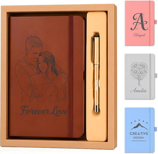 Personalized Notebook and Pen Set | A5, 200 Pages, Lined, Custom Engraved, Leather Journal Diary Business Gifts