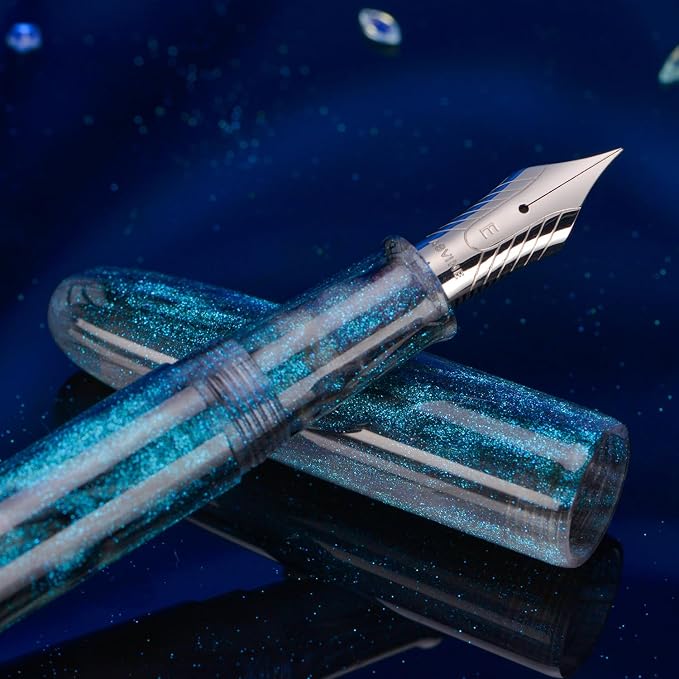 Asvine C80 Fountain Pen #8 Medium Nib Large Handcraft Pen with Converter Pen Box Collection Set (Light Blue Glitter)