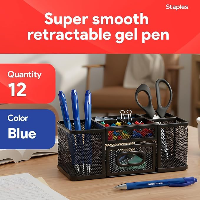 STAPLES Retractable Gel Pens, Medium Point 0.7mm, Blue Ink, 12 Pack – Sonix Smooth‑Writing Gel Pens with Rubberized Grip