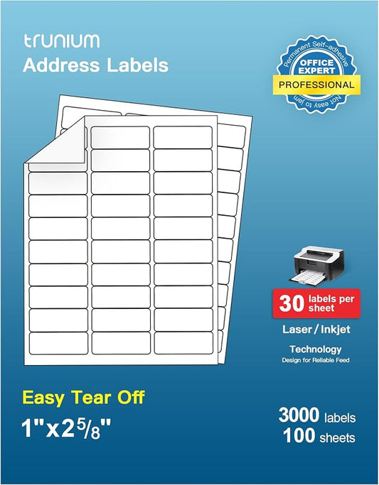 Shipping Address Labels, 1" x 2-5/8" Address Labels for Laser & Inkjet Printers, Mailing Labels, Strong Adhesive for FBA Label, Easy to Peel (100 Sheets, 3000 Labels)