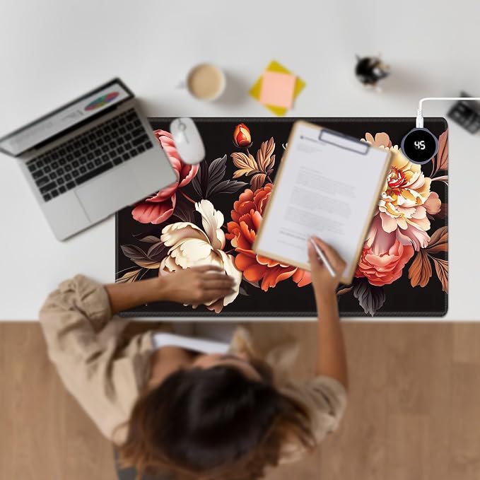 Heated Desk Pad Large Mouse Pad 23.6 x 14.1 inch with 3 Levels Heating & Auto Shut-Off Warm Mouse pad PU Leather Computer Mousepad for Home Office Work - Pink and Red Flower