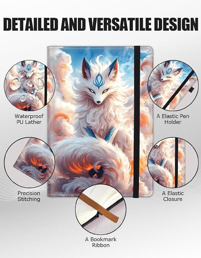 Hardcover Executive Notebooks, A5 PU Leather Lined Journal Notebook, 200 Pages Thick Paper Subject Notebooks for School,Work,Home Writing Business Notebook, Diary Book ，Fox Kitsune Japan