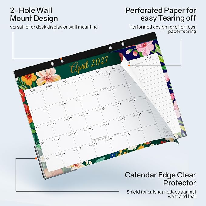 SUNEE Desk Calendar 2027 - 17" x 12" Desk Pad Calendar, 18-Month Monthly Planner Oct. 2026 - Mar. 2028, Desktop Calendar with 308 Planner Stickers, Plastic Protective Corners for Office, School and Home, Floar