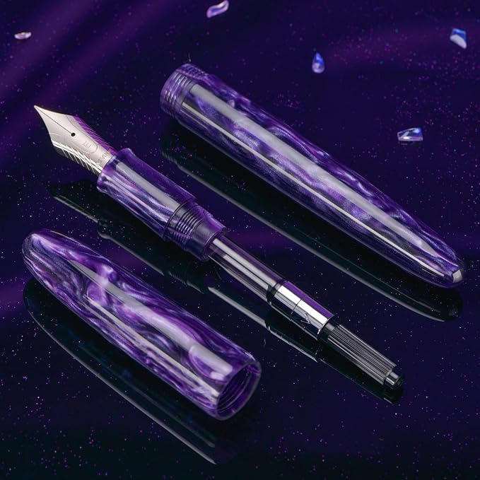 Asvine C80 Fountain Pen #8 Stub 1.1mm Nib Large Handcraft Calligraphy Art Drawing Pen with Converter Pen Case Collection Set (Purple Ripple)