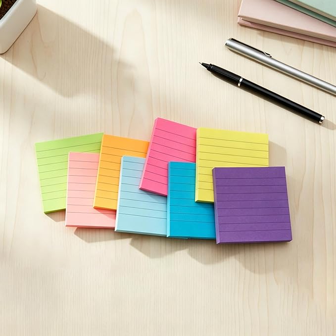 Lined Sticky Notes Pop Up Sticky Notes with Lines 8 Pads 8 Colors 3x3 100 Sheets Large Self-Stick Lined Stickies College Ruled Note Pads Teacher Back to School Supplies and Oﬃce Products