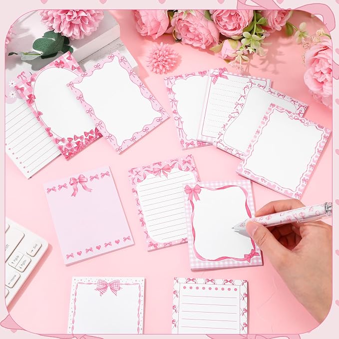 Chiisong 12 Pcs Pink Bow Sticky Notes Coquette Bowknot Self Adhesive Notepad Removable Memo Pad Pink Bow Party Supplies for Home Office Decor Birthday Wedding Bachelorette Party Decorations
