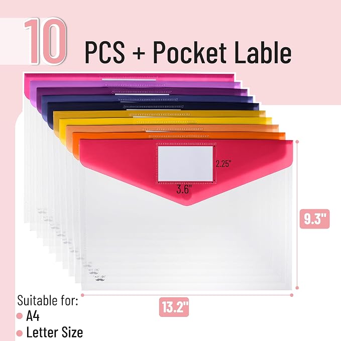 Mr. Pen- Clear Plastic Envelopes File Folders, 10 Pack, A4, Letter Size | Colorful Flaps, Clear Folders for Documents Plastic Poly Envelopes with Label for School, Home, Work, Office, Organizer