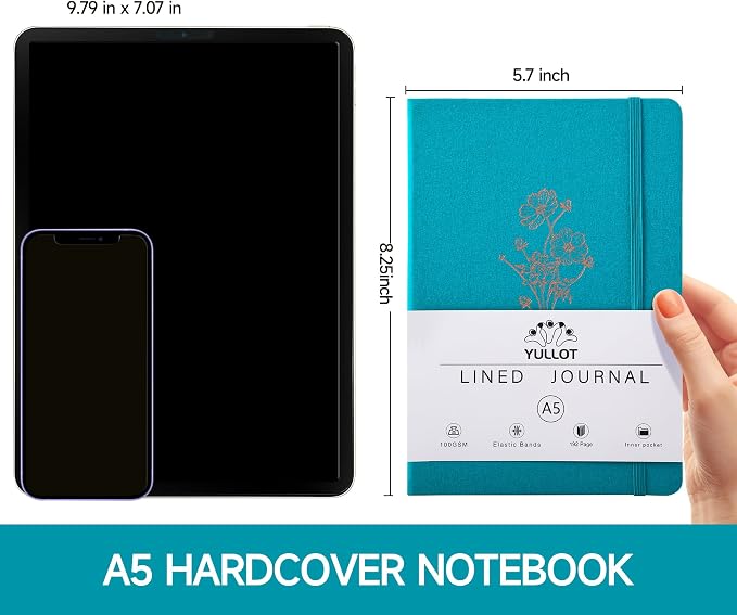 YULLOT Lined Journal Notebook –A5 PU Leather Hardcover Notebook, 100gsm Thick Bleedproof Paper with Inner Pocket – 192Pages Lined Writing Journal for Students Women Note Taking - Teal